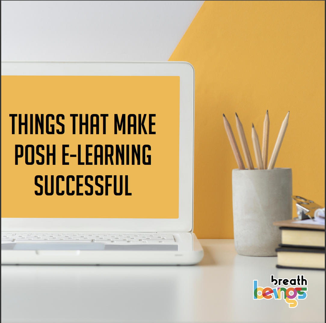 An image of a laptop on a desk with pencils in a mug and books beside the laptop. The words "things that make posh e-learning successful is written on the laptop.